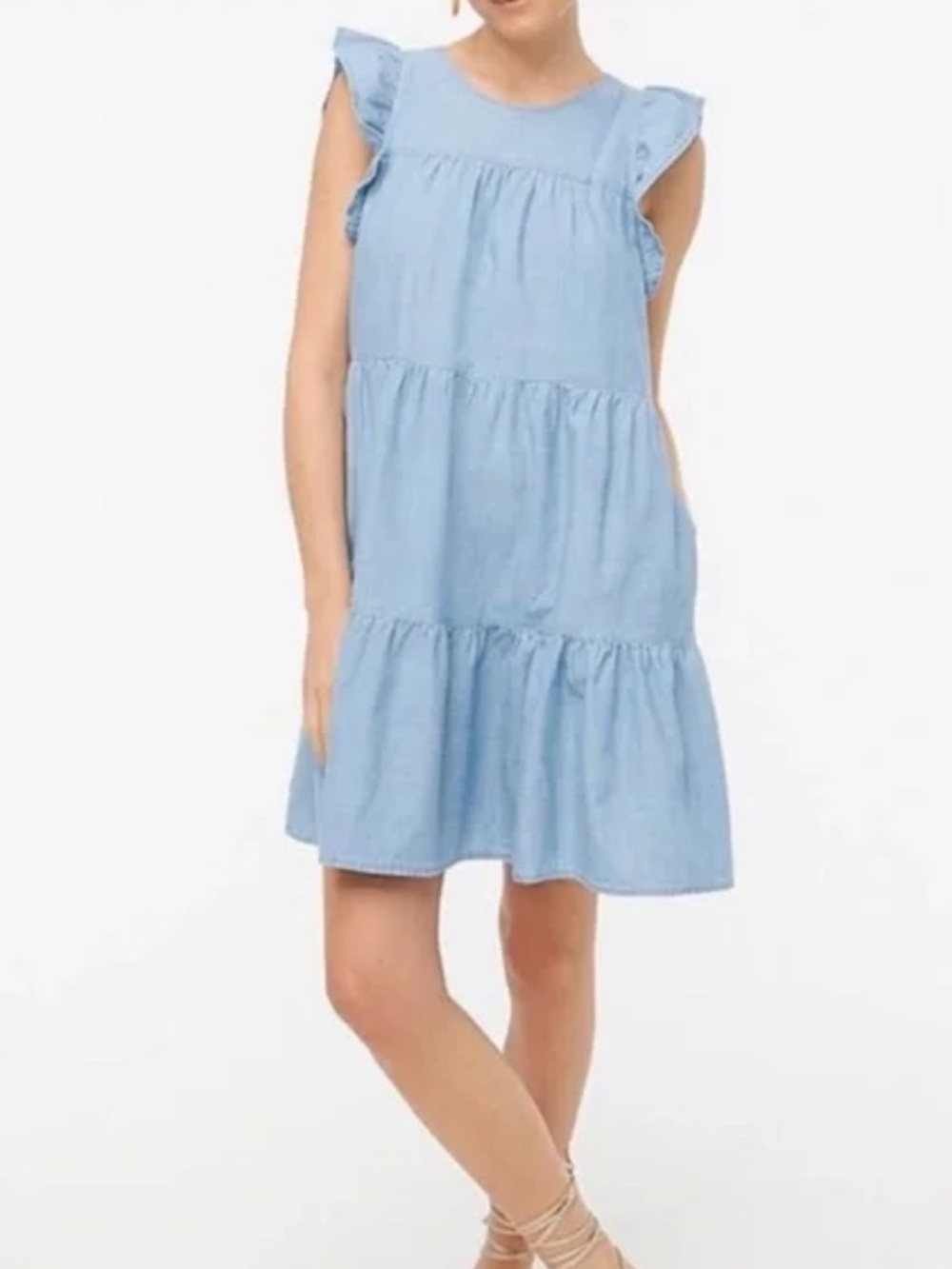J. Crew Chambray Blue Tiered Ruffle Flutter
Sleeve Babydoll Dress Sz 6